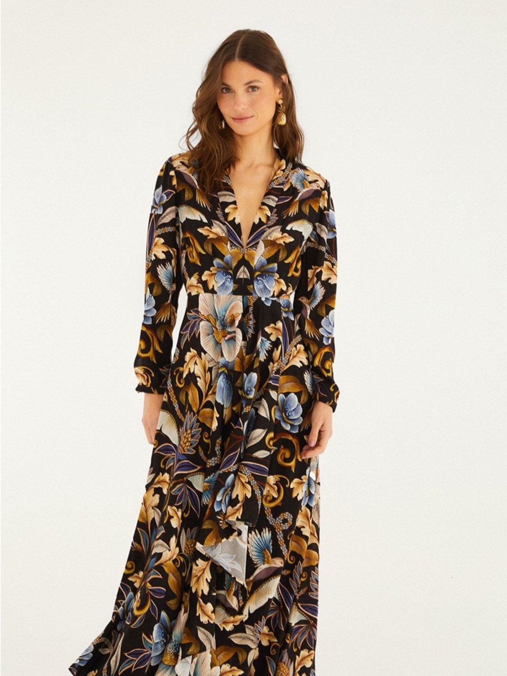 FARM Rio Black Floral Long-Sleeve V-neck Maxi Dress Size Small NWT
